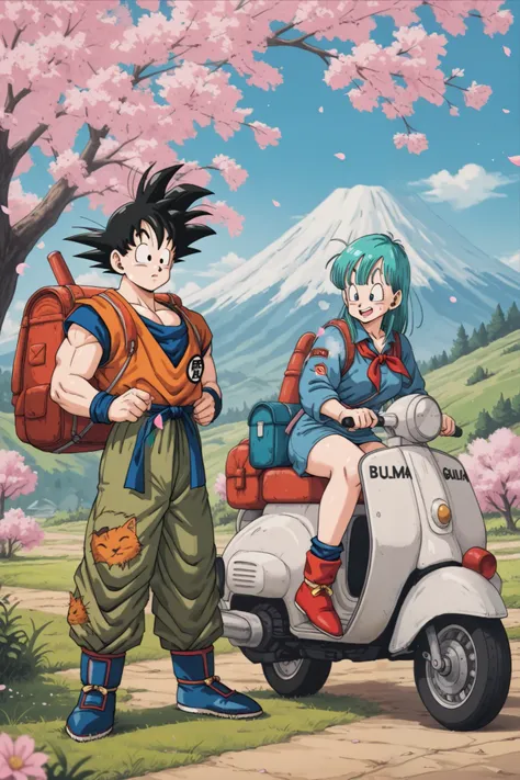 masterpiece, best quality, amazing quality, very aesthetic, newest, son goku, bulma, in the style of akiratoriyama