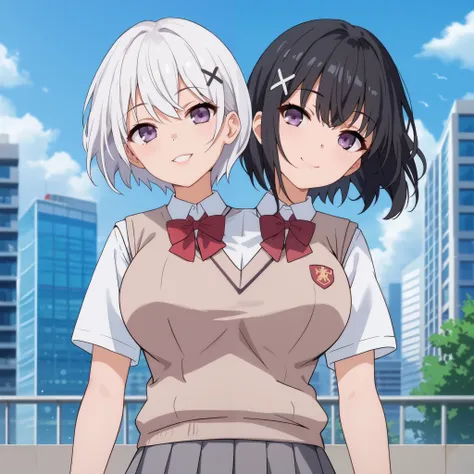 conjoined, 2girls, 2heads, two heads, a tall thin girls with 2 heads, x hair ornament, white hair, black hair, short hair, purple eyes, large breasts, front shots, skirt, shirt, school uniform, white shirt, short sleeves, pleated skirt, grey skirt, sweater...