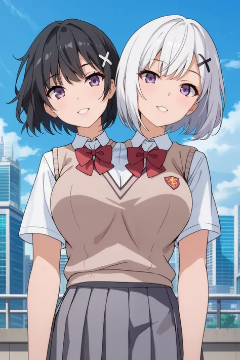 conjoined, 2girls, 2heads, two heads, a tall thin girls with 2 heads, x hair ornament, white hair, black hair, short hair, purple eyes, large breasts, front shots, skirt, shirt, school uniform, white shirt, short sleeves, pleated skirt, grey skirt, sweater...