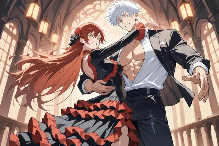 1 man, male focus, Gojo Satoru, Jujutsu Kaisen, white hair, short hair, blue eyes, colored eyelashes, sexy man, handsome, muscular, trained body, black suit, white shirt, open shirt jacket, flamenco outfit BREAK 1 girl, female focus, Ryu Shana, GOLDEN eyes...