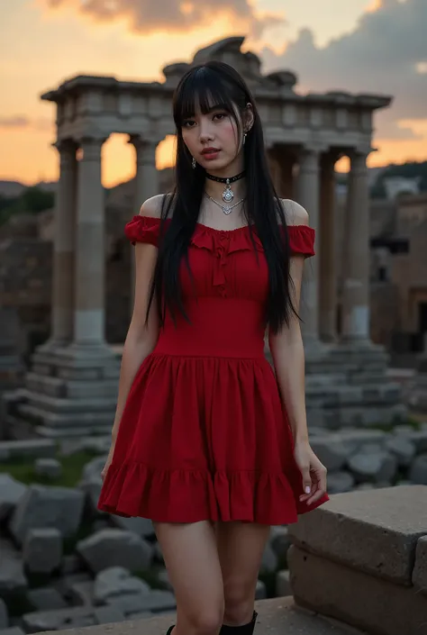 Create a stunning portrait of a beautiful Japanese female singer. She has a slender body, small bust, and thin legs, with long hair and bangs. She's wearing a red Gothic-style mini dress and Gothic makeup. The background features ancient Roman ruins, set d...