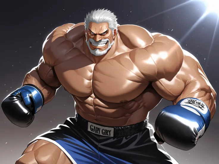 solo, muscular old man, garp, white_Garp_old facial hair, grey_Garp_short hair, black_Garp_scar on face, black_Garp_eyes, happy, grin, boxing, fighting stance, shirtless, very huge pectoral, shorts, detailed face:1.3, eyes, wide shoulder, thick arms, wide ...