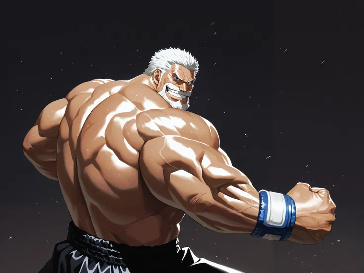 solo, muscular old man, garp, white_Garp_old facial hair, grey_Garp_short hair, black_Garp_scar on face, black_Garp_eyes, happy, grin, boxing, fighting stance, shirtless, very huge pectoral, shorts, detailed face:1.3, eyes, wide shoulder, thick arms, wide ...
