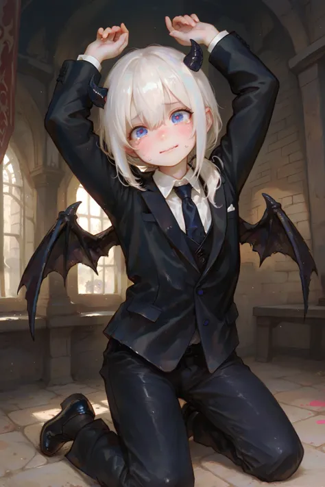 masterpiece, best quality, Detailed Eyes, boy, fantasy, kawaii, coward, blue eye, low ponytail white hair, younger brother, young face, clumsy, cute face, semi realistic, 8k, black suit, black jean, nervous face,black devil wings, black tiny devil horns, s...
