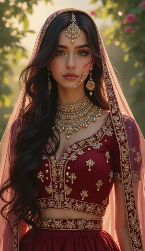 Digital painting,A stunning beautiful indian girl,pinkish white skin,glossy,long black hair,wearing maroon farshi lehnga with long length shirt for short height bride,intricate gold embroidery,luxuries indian bridal dress,light flowing fabric cover her hea...