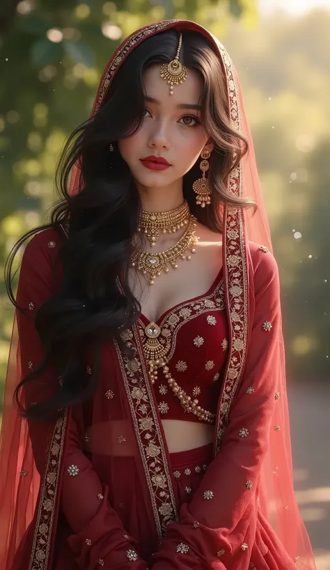 Digital painting,A stunning beautiful indian girl,pinkish white skin,glossy,long black hair,wearing maroon farshi lehnga with long length shirt for short height bride,intricate gold embroidery,luxuries indian bridal dress,light flowing fabric cover her hea...