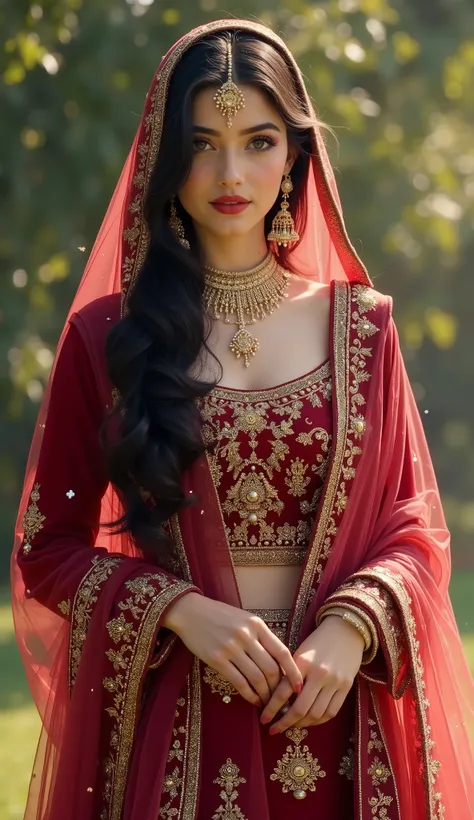 Digital painting,A stunning beautiful indian girl,pinkish white skin,glossy,long black hair,wearing maroon farshi lehnga with long length shirt for short height bride,intricate gold embroidery,luxuries indian bridal dress,light flowing fabric cover her hea...