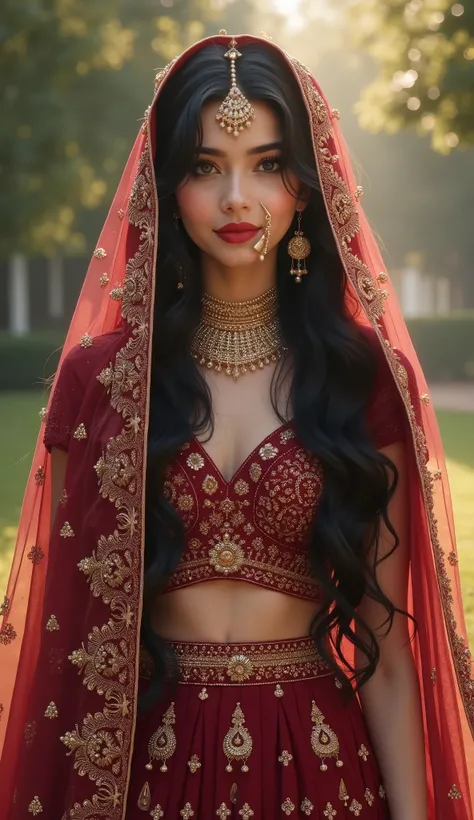 Digital painting,A stunning beautiful indian girl,pinkish white skin,glossy,long black hair,wearing maroon farshi lehnga with long length shirt for short height bride,intricate gold embroidery,luxuries indian bridal dress,light flowing fabric cover her hea...