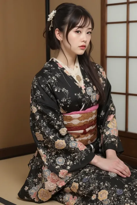 a sensual and beautiful French girl in a kimono seated on tatami floor,