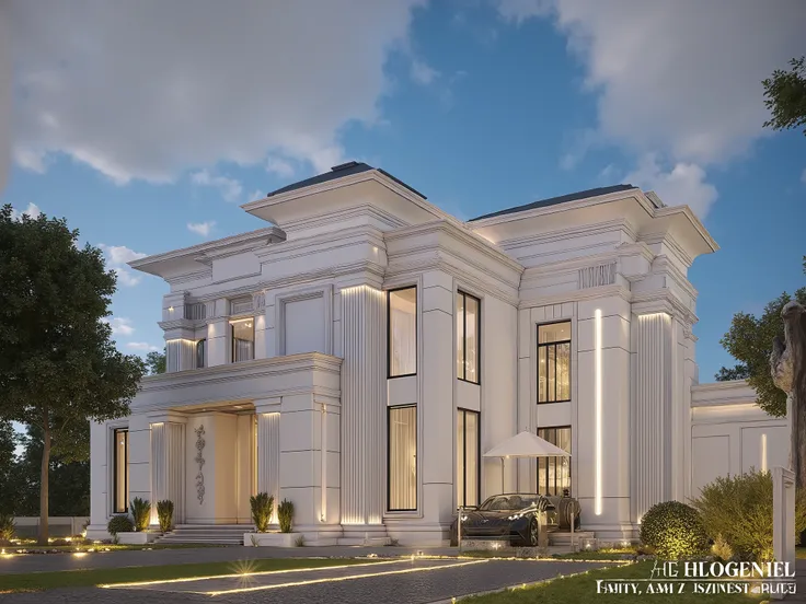 masterpiece , (photorealistic:1 . 2) , best quality , ultra high res , exterior , architechture , modern house , white wall , glass windows ,, trees , traffic road , design , trees around , blue sky , in the style of realistic hyper-detailed rendering , 32...