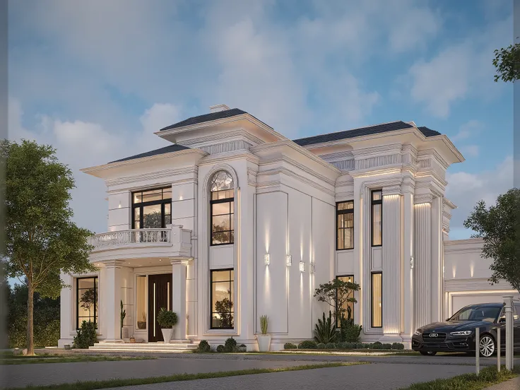 masterpiece , (photorealistic:1 . 2) , best quality , ultra high res , exterior , architechture , modern house , white wall , glass windows ,, trees , traffic road , design , trees around , blue sky , in the style of realistic hyper-detailed rendering , 32...