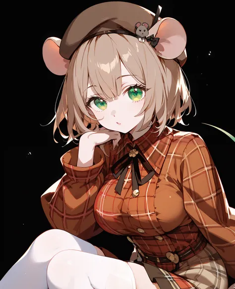 girl,Mouse Ear,light brown hair,in green eyes,,for short hair,, comic dress,Big Breasts,cute,brown short skirt,Slim legs,With rat tail,Sherlock Holmes series ,black black background,Put on a brown hat,brunette dress ,Long Sleeve Brown Shoulder Robe,ต้นSlim...