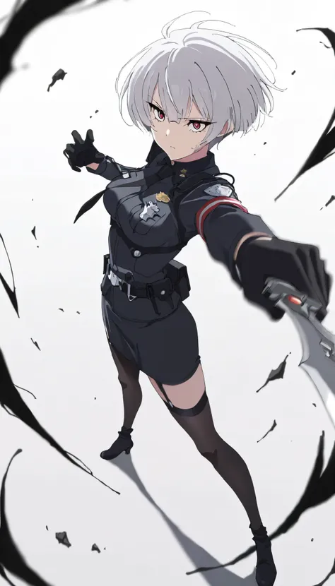 ((masterpiece)), (best quality), 1girl, solo, Simple background, temptation, delicate face, handheld dagger , Battle Pose , full body, silver short hair, long sideburn, Disdainful Eyes, Black Stockings, Damaged black police uniform, medium breasts, style...