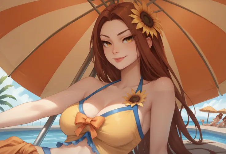  Leona, pool party leona, long hair, brown hair, straight hair, amber eyes, sunflower in hair, blue and yellow bikini, ribbon on bikini, 1girl, large breasts, freckles, under umbrella, warm smile, portrait, 