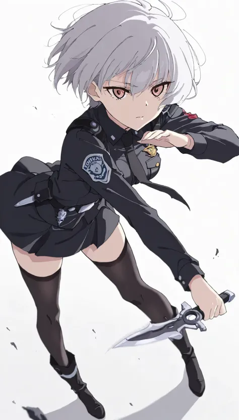 ((masterpiece)), (best quality), 1girl, solo, Simple background, temptation, delicate face, handheld dagger , Battle Pose , full body, silver short hair, long sideburn, Disdainful Eyes, Black Stockings, Damaged black police uniform, medium breasts, style...