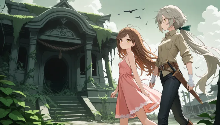 (masterpiece:1.2, Best Quality), (finely detailed beautiful eye: 1.2), (beautiful detailed face), 2girls, walking, traveling, carrying travel bags, from side,character: brown hair , brown eyes , very long hair , swept bangs thin , small breasts , bare shou...