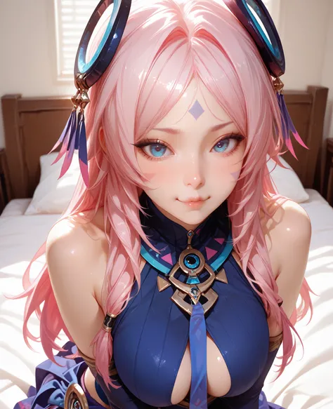 ultra detailed realistic busty citlali half body, pink hair, blue eyes, Citlali outfit , background, ray tracing, long hair, sit on the bed, cute face, cute pose sexy,  