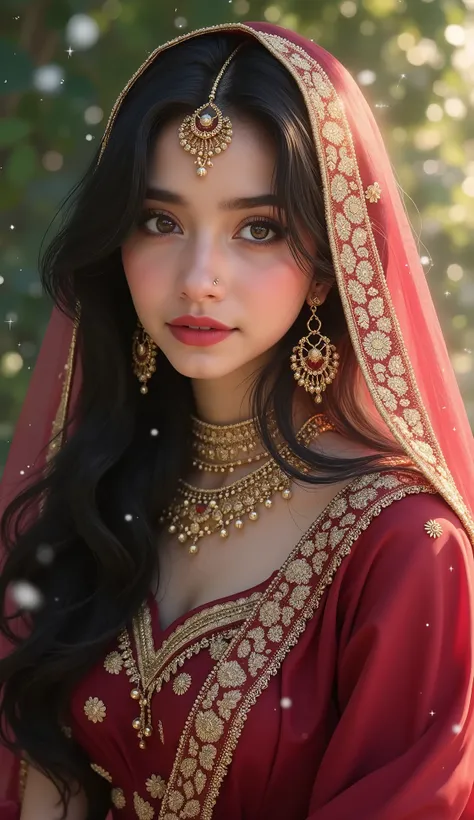 Digital painting,A stunning beautiful indian girl,pinkish white skin,glossy,long black hair,wearing maroon farshi lehnga with long length shirt for short height bride,intricate gold embroidery,luxuries indian bridal dress,light flowing fabric cover her hea...