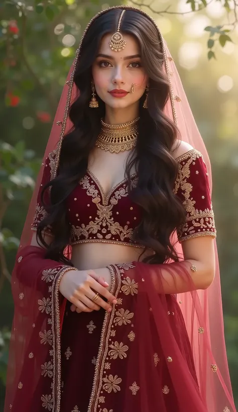 Digital painting,A stunning beautiful indian girl,pinkish white skin,glossy,long black hair,wearing maroon farshi lehnga with  short length shirt for short height bride,intricate gold embroidery,luxuries indian bridal dress,light flowing fabric cover her h...