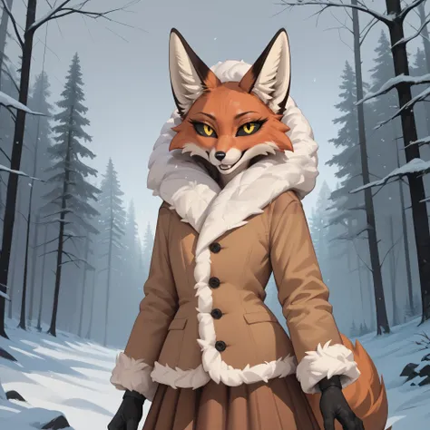 grey sky, forest plain, winter, fox, black eye sclera, yellow eyes, tail, brown fur coat , brown skirt