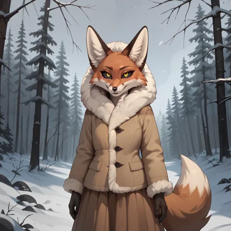  grey sky, forest plain, winter, fox, black eye sclera, yellow eyes, tail, brown fur coat , brown skirt