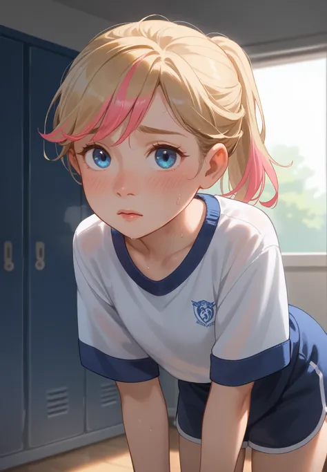 1girl, solo, Riley Andersen, Inside Out, shy, blush, sweaty, blonde ponytail hair with pink highlights, school gym outfit, storage room, bent over, night time, beautiful lighting and shadows,