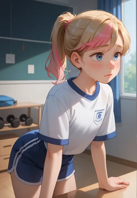 1girl, solo, Riley Andersen, Inside Out, shy, blush, sweaty, blonde ponytail hair with pink highlights, school gym outfit, storage room, bent over, night time, beautiful lighting and shadows,