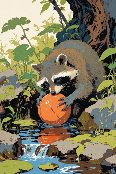 ((best quality))、(super high image quality)、(Super Detail)、(detailed description)、(Best CG ))、(masterpiece)、ArsMJStyle、(Zen ink wash painting)、raccoon , basketball