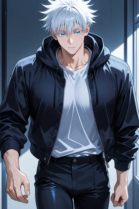 (masterpiece), (highest quality), (very detailed 1 man , male focus , gojou satoru /(jujutsu kaisen/) , colored eyeshes , blue eyes , shiny blue eyes,  white hair , sexy man , handsome , muscular, trained body, high fashion, hoodie with a black jacket, bla...
