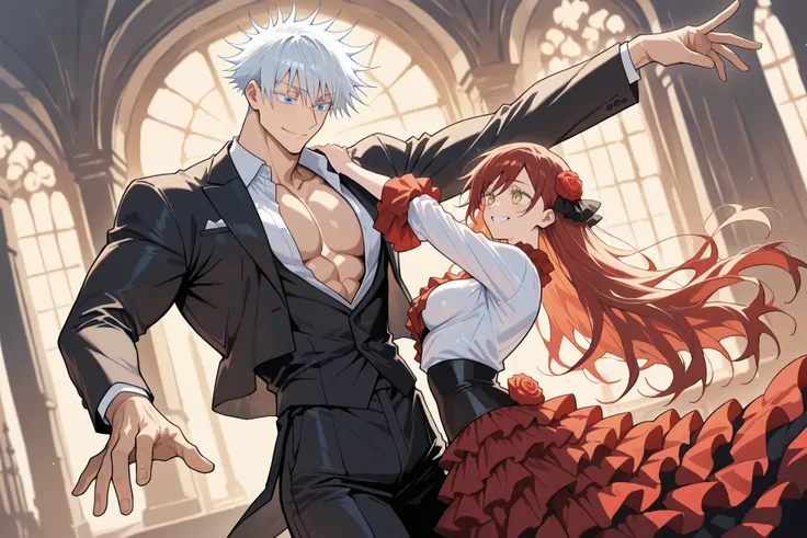 1 man, male focus, Gojo Satoru, Jujutsu Kaisen, white hair, short hair, blue eyes, colored eyelashes, sexy man, handsome, muscular, trained body, black suit, white shirt, open shirt jacket, flamenco outfit BREAK 1 girl, female focus, Ryu Shana, GOLDEN eyes...
