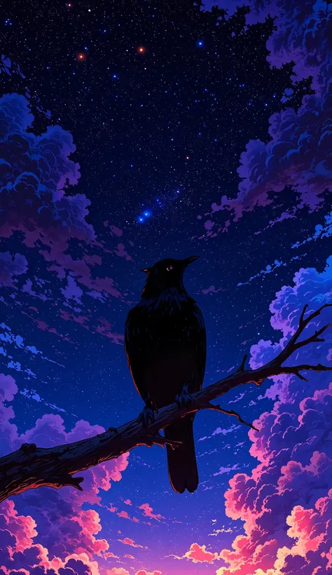 A breathtaking 8K resolution anime-style fantasy scenery. Set against a deep, star-filled night sky, a solitary bird perches on a gnarled branch, its back turned, gazing upward in silence. The bird and branch are completely shrouded in darkness, forming a ...