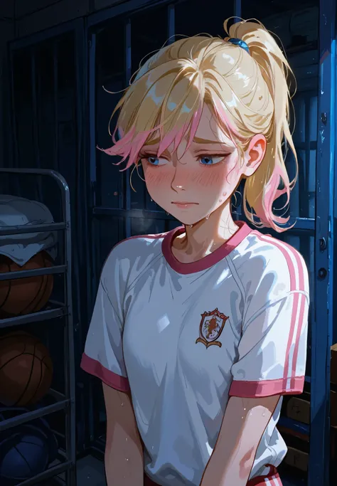 1girl, solo, Riley Andersen, Inside Out, shy, blush, sweaty, blonde ponytail hair with pink highlights, school gym outfit, storage room, night time, beautiful lighting and shadows,