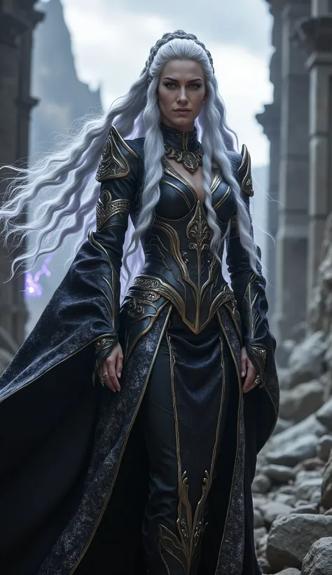 Sindel, de *mortal kombat 11*, is a character with an imposing presence, with a regal and powerful appearance. She is portrayed with long hair and silver, that floats and shines with an ethereal glow. His expression is fierce and determined, with intensely...