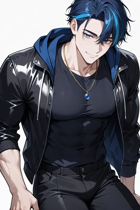1 man, adult, solo, male focus, (streaked hair:1.5), dark blue hair, blue hair, short hair, blue eyes, cool large shirt, black shirt, necklaces, muscular, sexy man, handsome, solo, mature, handsome, sexy man, sensual, pale skin, lean, muscular, cool, high ...
