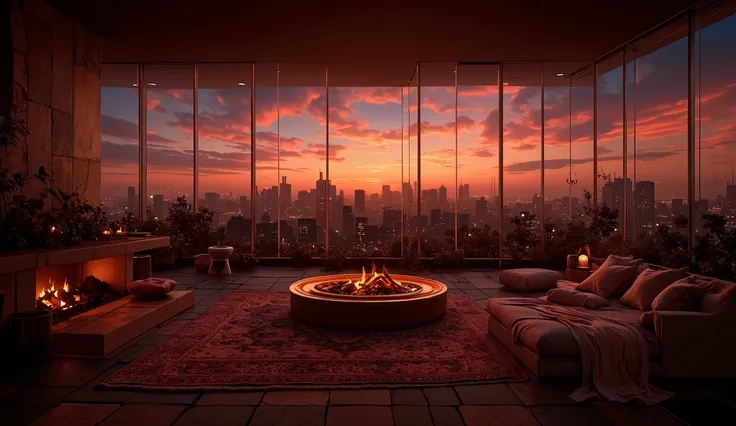 A luxurious yet cozy penthouse living room with floor-to-ceiling windows showcasing a stunning view of the city at sunset. The space features soft ambient, a large sectional sofa with warm blankets, and coffee table. Fire place for cosy atmospfer