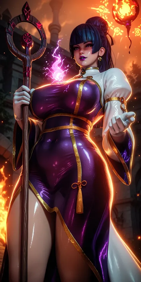 score_9, score_8_up, score_8, score_7_up, bouqtm, 1girl, nyotengu, single hair bun, purple eyes, huge breasts, purple lips, plump, shiny skin, 1girl, solo, gloves, breasts, earrings, jewelry, white_gloves, black_hair, staff, looking_at_viewer, parted_lips,...