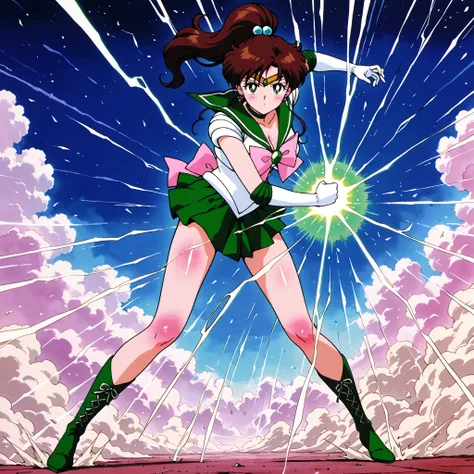masterpiece,best quality,amazing quality, makoto kino, brown hair, circlet, green eyes, hair bobbles, ponytail, sidelocks, parted bangs, back bow, bow, bowtie, brooch, choker, earrings, elbow gloves, flower earrings, gloves, green choker, green gemstone, g...
