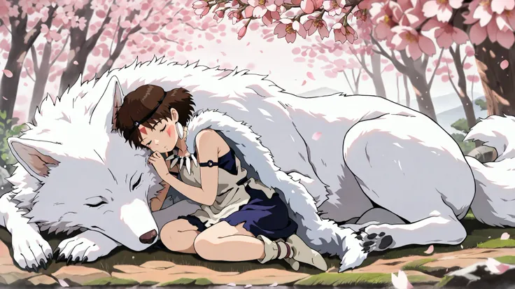 (masterpiece, best quality, amazing quality, very aesthetic, high resolution, ultra-detailed, absurdres,optimal quality), princess mononoke, sitting beside white wolf, sleeping white wolf, in the style of studio ghibli, in the style of hayao miyazaki, saku...