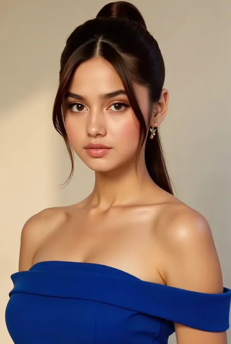 A stunning female fashion model with long, sleek, dark chestnut hair tied into a high ponytail. She has warm light brown, almond-shaped eyes, accentuated by soft brown-pink eyeshadow and long, voluminous lashes. Her eyebrows are dark, thick, and neatly gro...