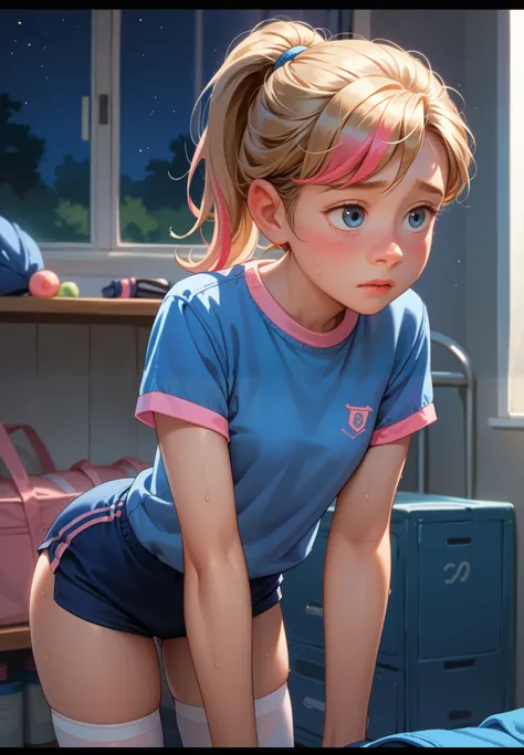 1girl, solo, Riley Andersen, Inside Out, shy, blush, sweaty, blonde ponytail hair with pink highlights, school gym outfit, white thigh highs, storage room, bent over, night time, beautiful lighting and shadows,