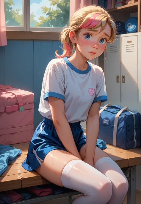 1girl, solo, Riley Andersen, Inside Out, shy, blush, sweaty, blonde ponytail hair with pink highlights, school gym outfit, white thigh highs, storage room, night time, beautiful lighting and shadows,