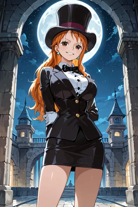 (masterpiece) solo, 1girl, nami, one piece, long orange hair, earrings, brown eyes, sleek legs, oversized black silk top hat, black tuxedo, bowtie, black miniskirt, ((white gloves)), (smiling, coy, confident), (dapper), posing in a marble courtyard, night ...