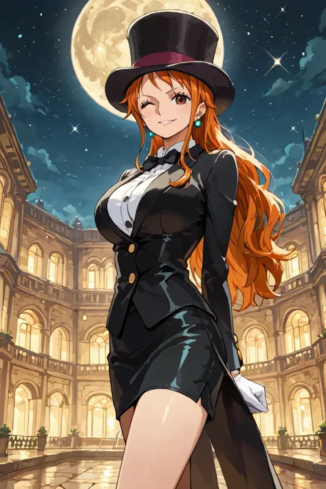 (masterpiece) solo, 1girl, nami, one piece, long orange hair, earrings, brown eyes, sleek legs, oversized black silk top hat, black tuxedo, bowtie, black miniskirt, ((white gloves)), (smiling, coy, confident), (dapper), posing in a marble courtyard, night ...