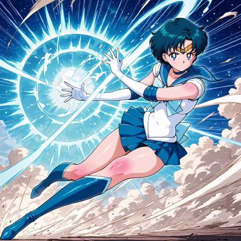 masterpiece,best quality,amazing quality, ami mizuno, blue eyes, blue hair, short hair, parted bangs, back bow, blue bow, blue choker, blue sailor collar, blue skirt, bow, choker, earrings, gloves,  magical girl, miniskirt, pleated skirt, sailor collar, sa...