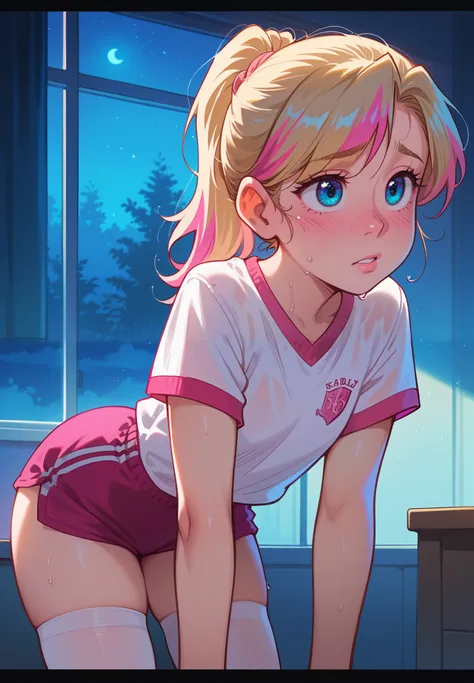 Made by melkor mancin, 1girl, solo, Riley Andersen, Inside Out, shy, blush, sweaty, blonde ponytail hair with pink highlights, school gym outfit, white thigh highs, bent over, storage room, night time, beautiful lighting and shadows,