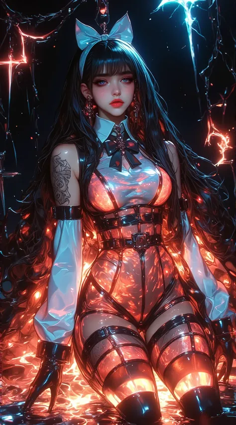 ((((Shiny silver accessories)))), ((((In the storm where thunder shines)))), ((((wet and glowing skin)))), (((Purple Hair))), ( backlit), ((Super wet skin)), ((Fluorescent color)), (((In-depth images))), brunette girl, big Smile, super beautiful glowing ...