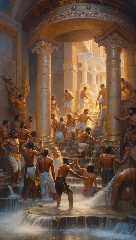 A grand, mythical scene of countless muscular, bearded Indian men with deep brown to fair white-all types of skin tone, wearing colorful dhoties, drenched in cascading water, struggling to ascend a set of large, ancient marble stairs leading to divine entr...