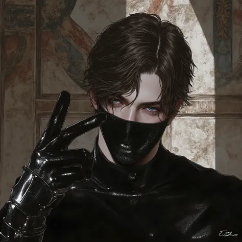 male antagonist cute evil cyber samurai knight , short brown hair , , rising hand in divine gesture , oni half face mouth mask , flaming blue eyes ,The Evil Monk
The cloisters old, expounded on their walls
With paintings, the Beatic Verity,
The which—adorn...