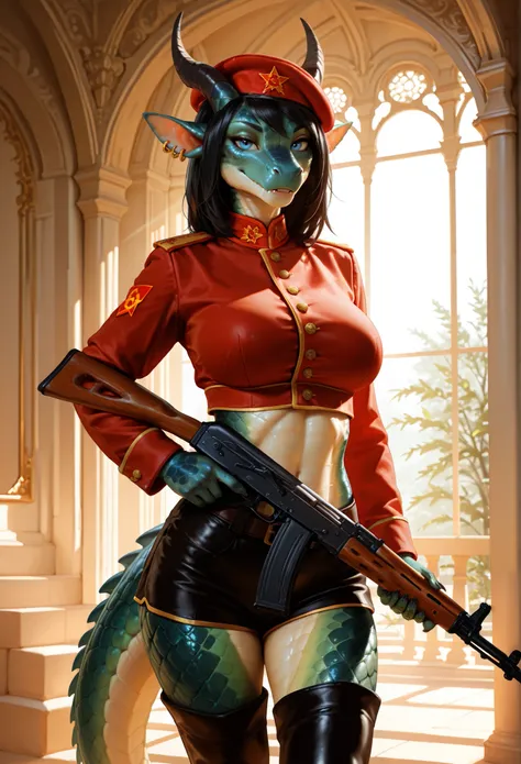 (anthro_dragon,female,high detailed scalie skin, slim body), ultra realistic, full growth, detailed facial features, big fake breasts, black hair, membranous ears, horns, blue eyes, thigh boots, military uniform with sashes and epiquette, red soviet beret,...