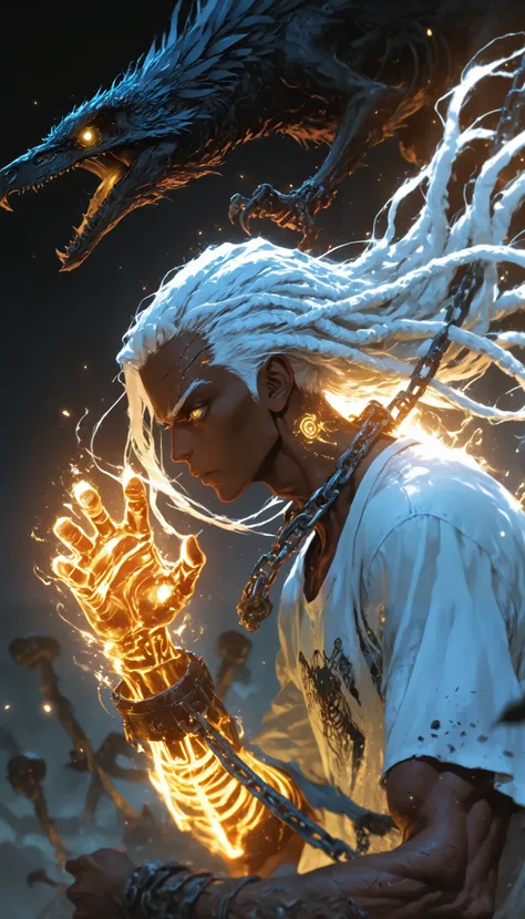 ((a boy)),dark skin,foreground,dynamic blur,dynamic pose,white hair,long hair,dreadlocks,((giant facial scar)),bright yellow eyes,metallic arm,damask steel dagger,From very close,desenfoque de movement,((rostro en foreground)),(from side:1.2),(portrait:1.2...